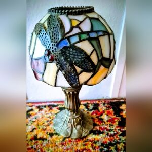 Mosaic Tiffany Style Stained Dragonfly Glass Candle Table Lamp